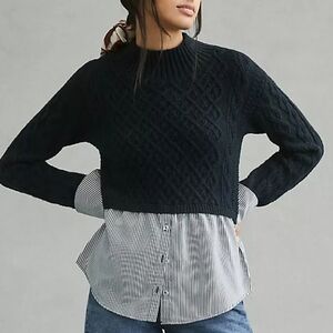 Anthropologie Maeve Cable-Knit Layered Sweater Navy Size Small